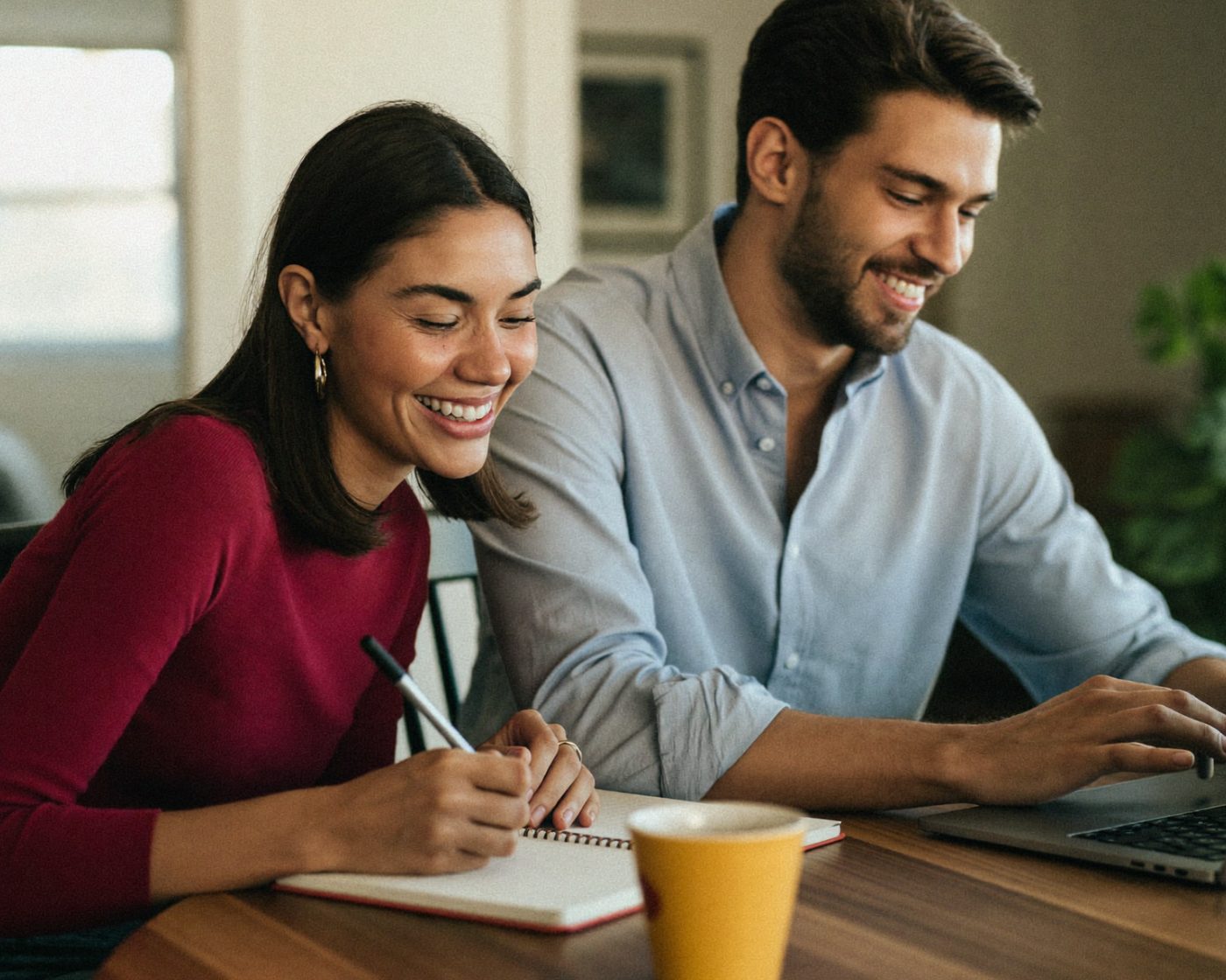 A couple planning their finances together at the kitchen table